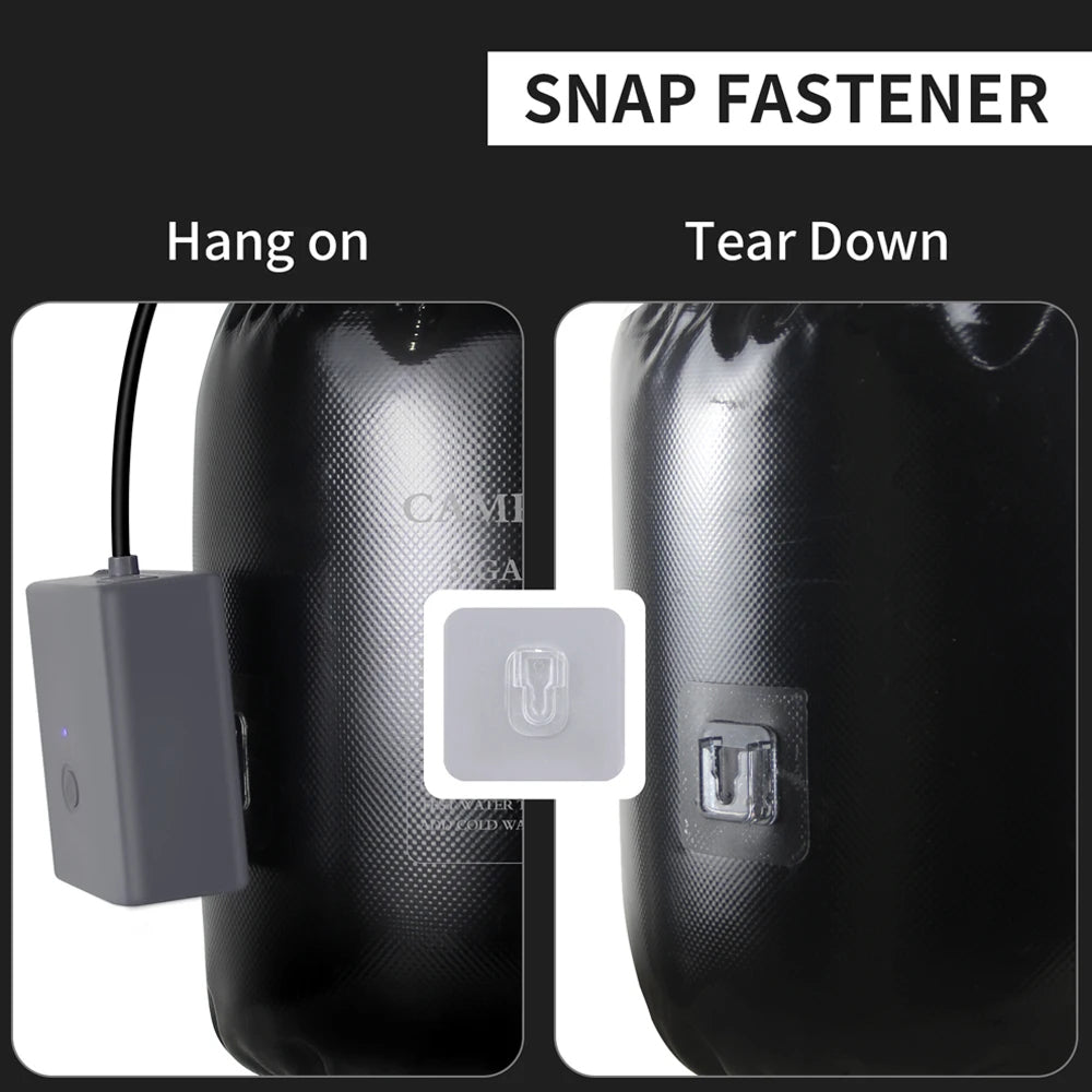 Snap fastener system on a black background with text indicating 'Hang on' and 'Tear Down'.