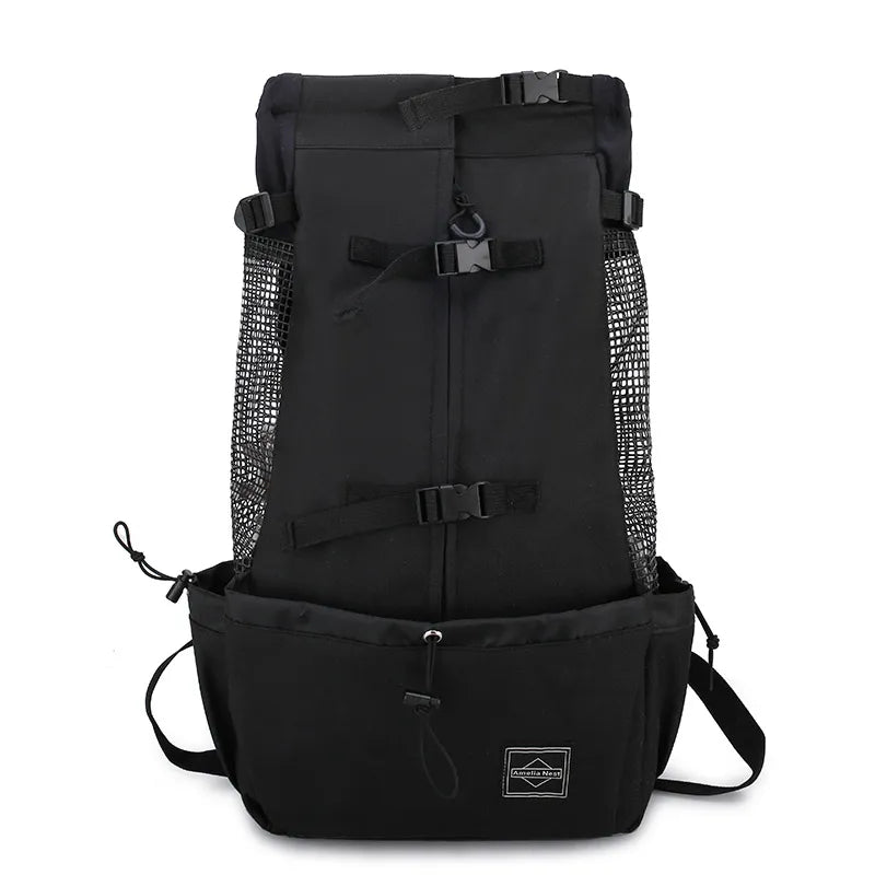 Black backpack with mesh side panels on a white background