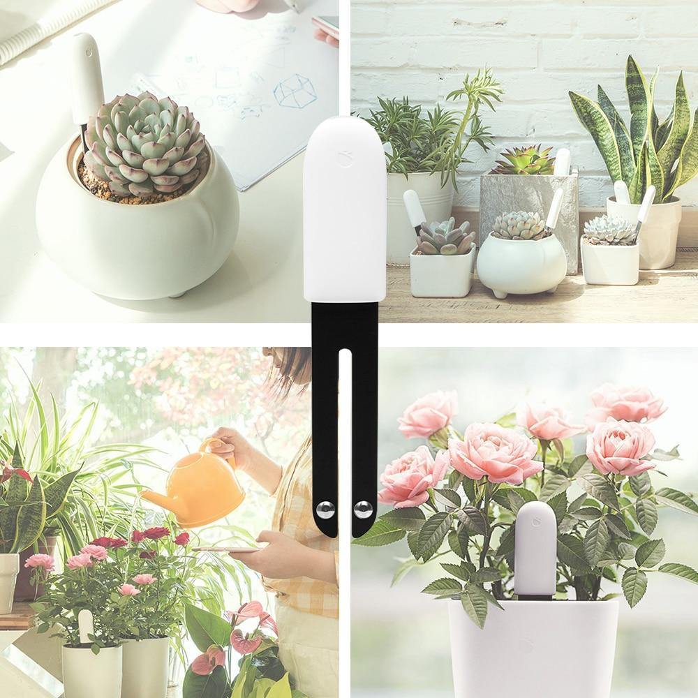 Collage of images featuring a white and black plant watering tool with plants and flowers.