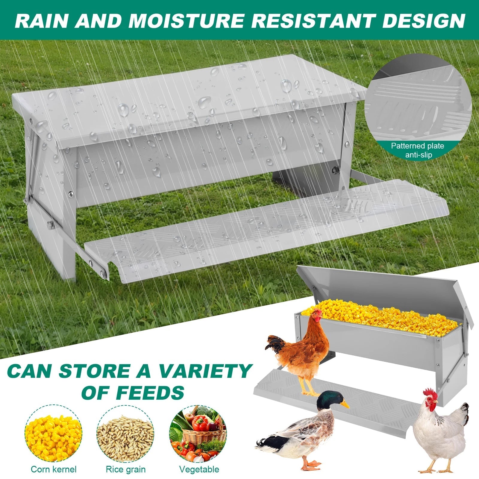 Chicken coop with rain cover and storage for feeds on grass