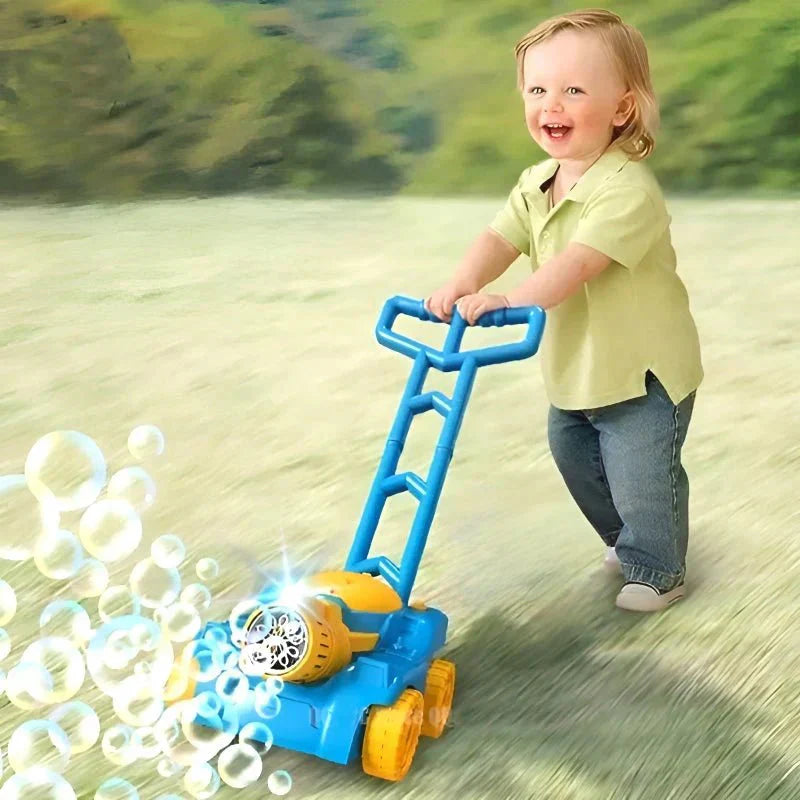 Child playing with a toy bubble mower on a grassy field