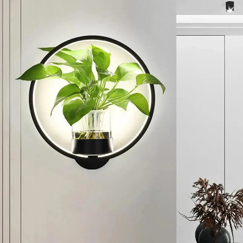 LED Plant Wall Light with Glass Vase | Warm Backlight, Metal Frame