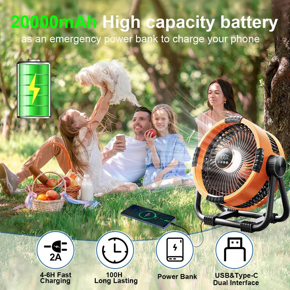 Family at a picnic with a portable fan and power bank, emphasizing its 20000mAh capacity.