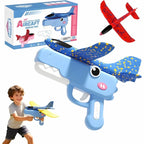 Toy airplane launcher with planes and packaging on a white background