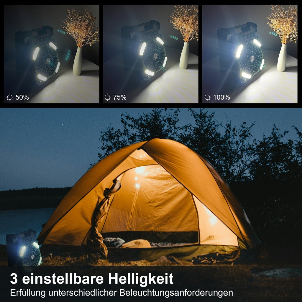 Camping scene with a tent and a portable light source showing different brightness levels.