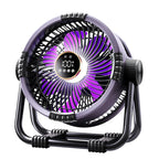 Purple and black fan with digital display on a white background