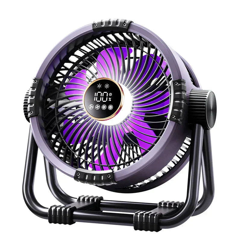 Purple and black fan with digital display on a white background