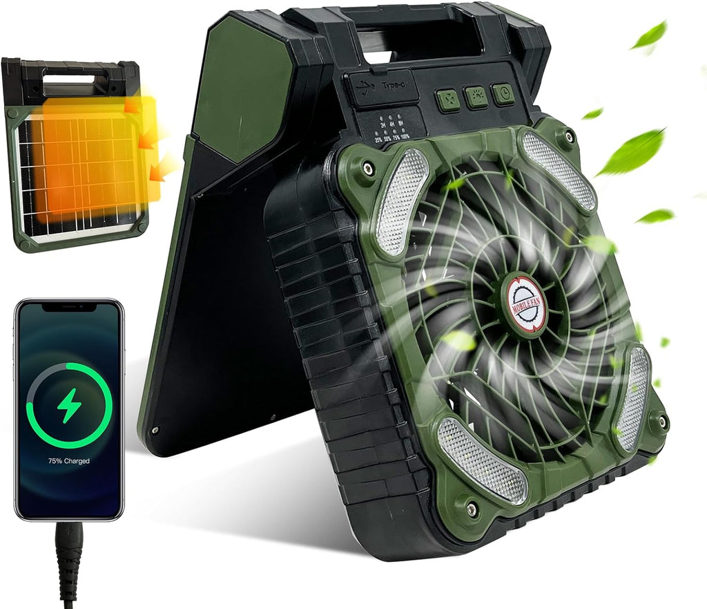 Portable fan with smartphone charging cable and small solar panel on a white background