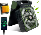 Portable fan with smartphone charging cable and small solar panel on a white background