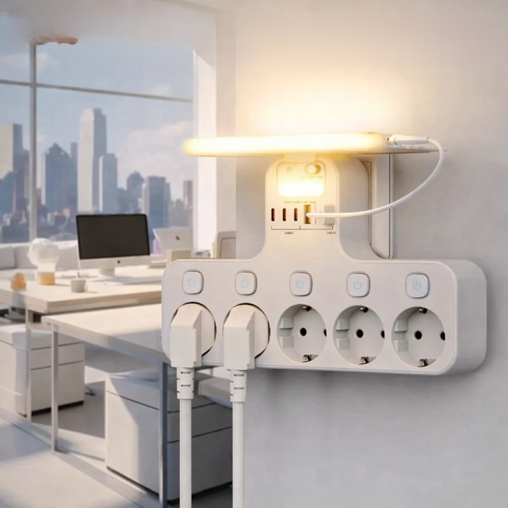 Wall Power Strip with Night Light | 5 Switched Sockets, USB Ports