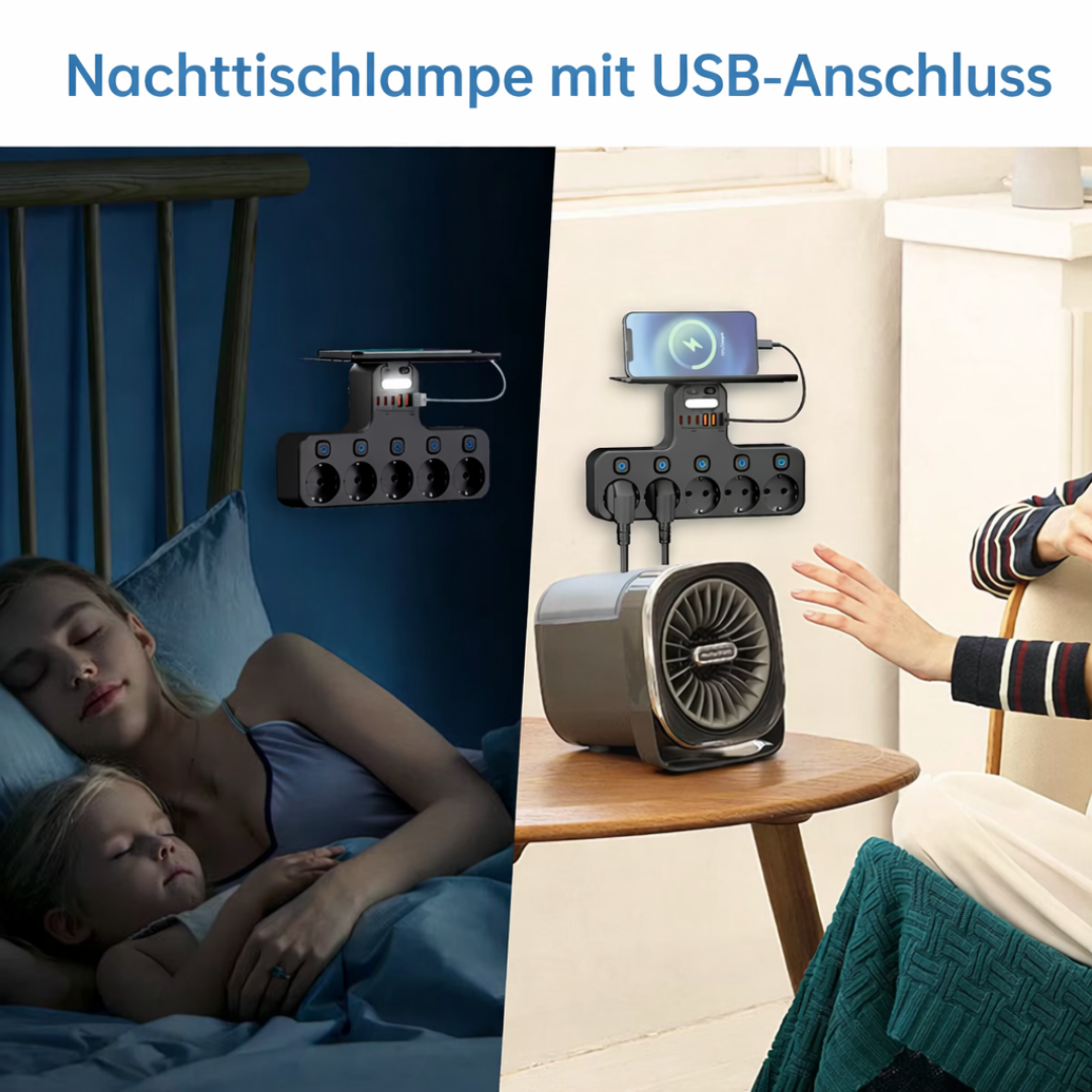 Wall Power Strip with Night Light | 5 Switched Sockets, USB Ports