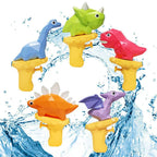 Colorful dinosaur-shaped water guns with water splashes on a white background
