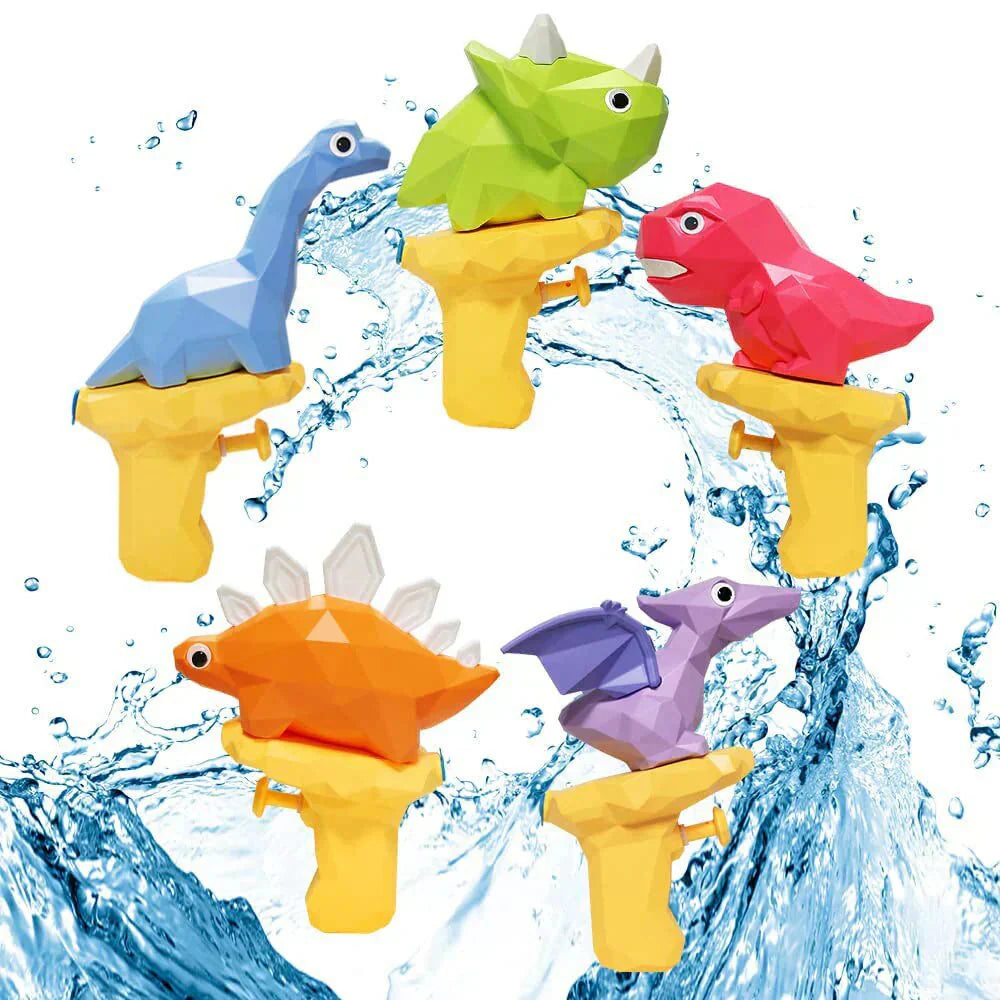 Colorful dinosaur-shaped water guns with water splashes on a white background
