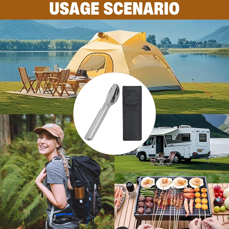 Collage of camping scenarios with a tent, outdoor cooking, and hiking, featuring a close-up of a camping utensil set.