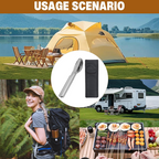 Collage of camping scenarios with a tent, outdoor cooking, and hiking, featuring a close-up of a camping utensil set.
