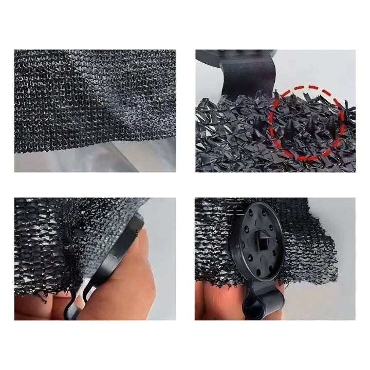 Black mesh material with a roller attachment on a white background