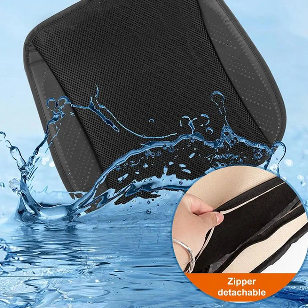 Waterproof seat cover with water splashes and a close-up of the zipper on a blue background.