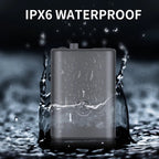 Waterproof device with water splashing around it, labeled 'IPX6 Waterproof'.