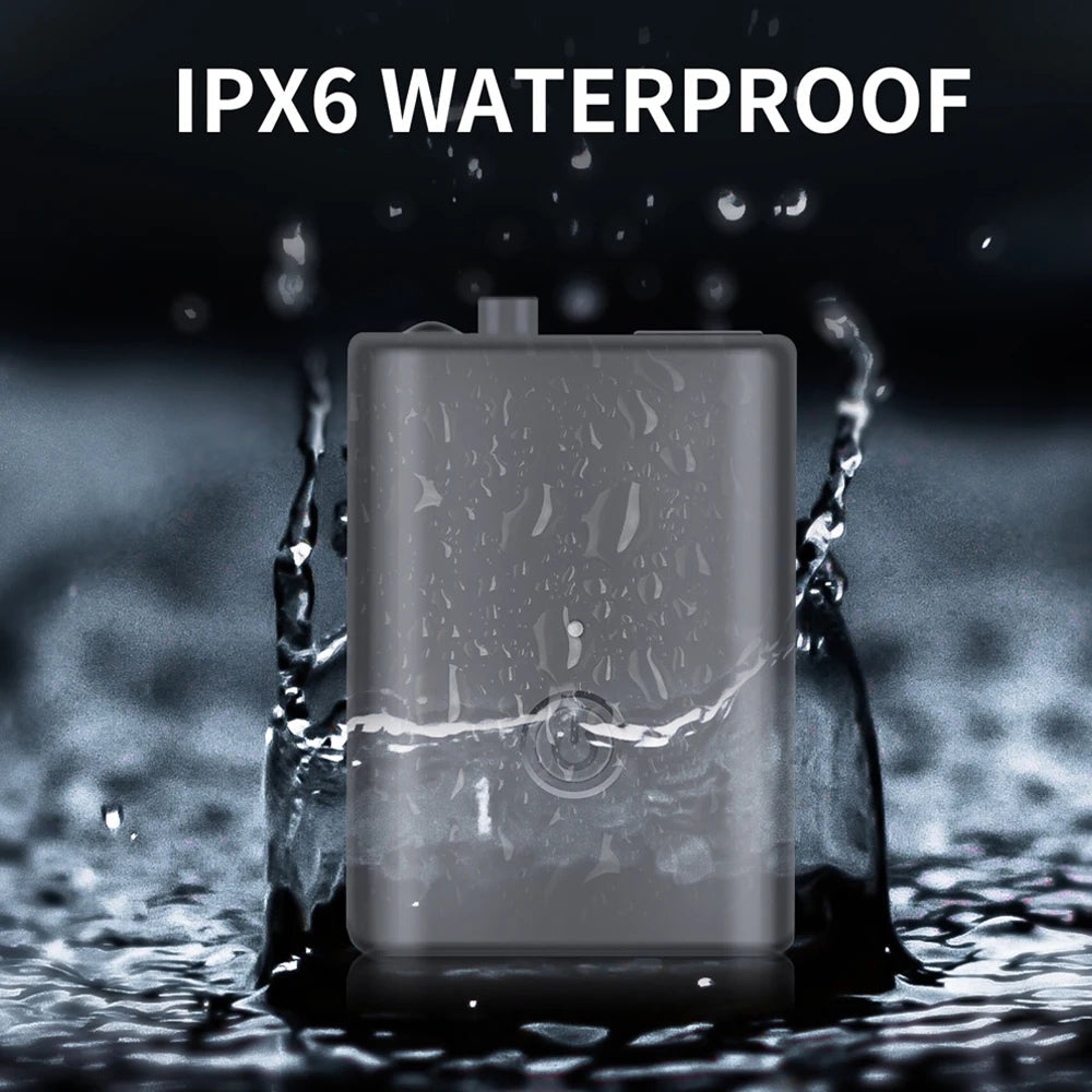 Waterproof device with water splashing around it, labeled 'IPX6 Waterproof'.