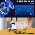 Neck fan with 5-speed wind indicator and person using it