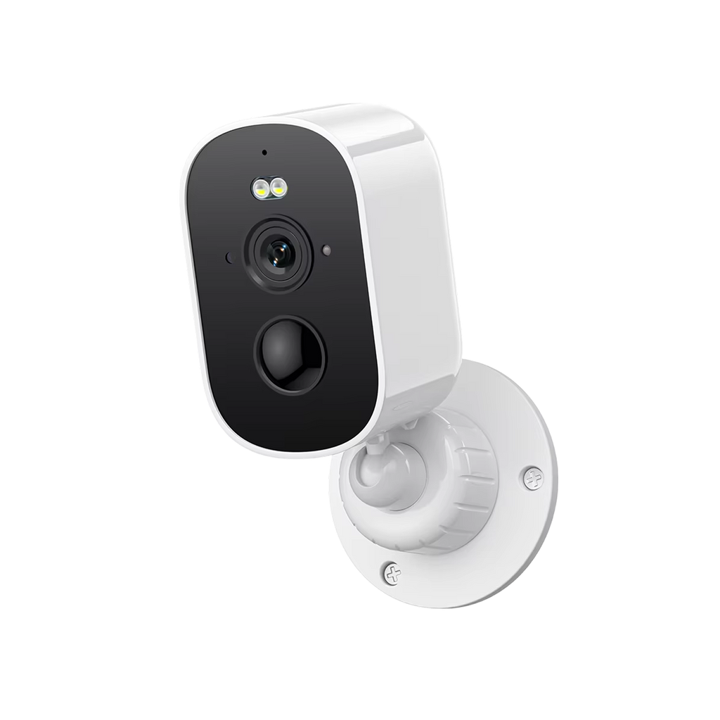 Smart home security camera with white base on a white background