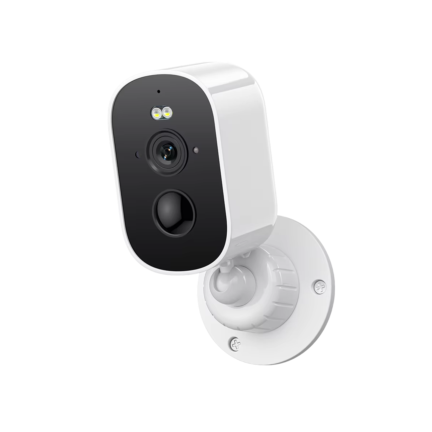 Smart home security camera with white base on a white background