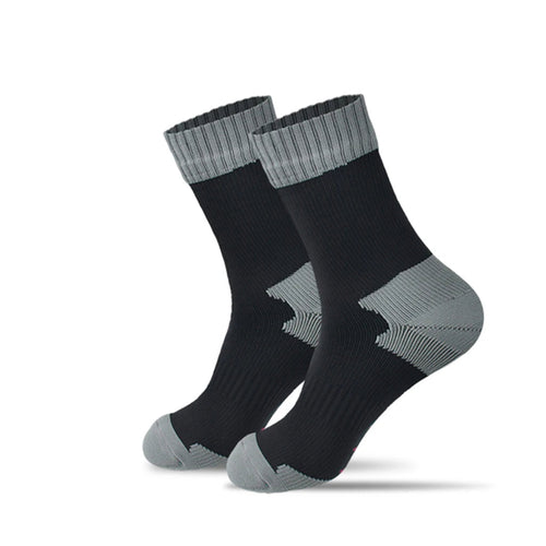 Pair of black socks with gray accents on a white background