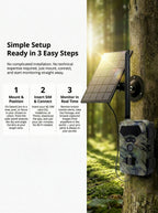 Solar-powered wildlife camera attached to a tree with setup instructions on a white background.