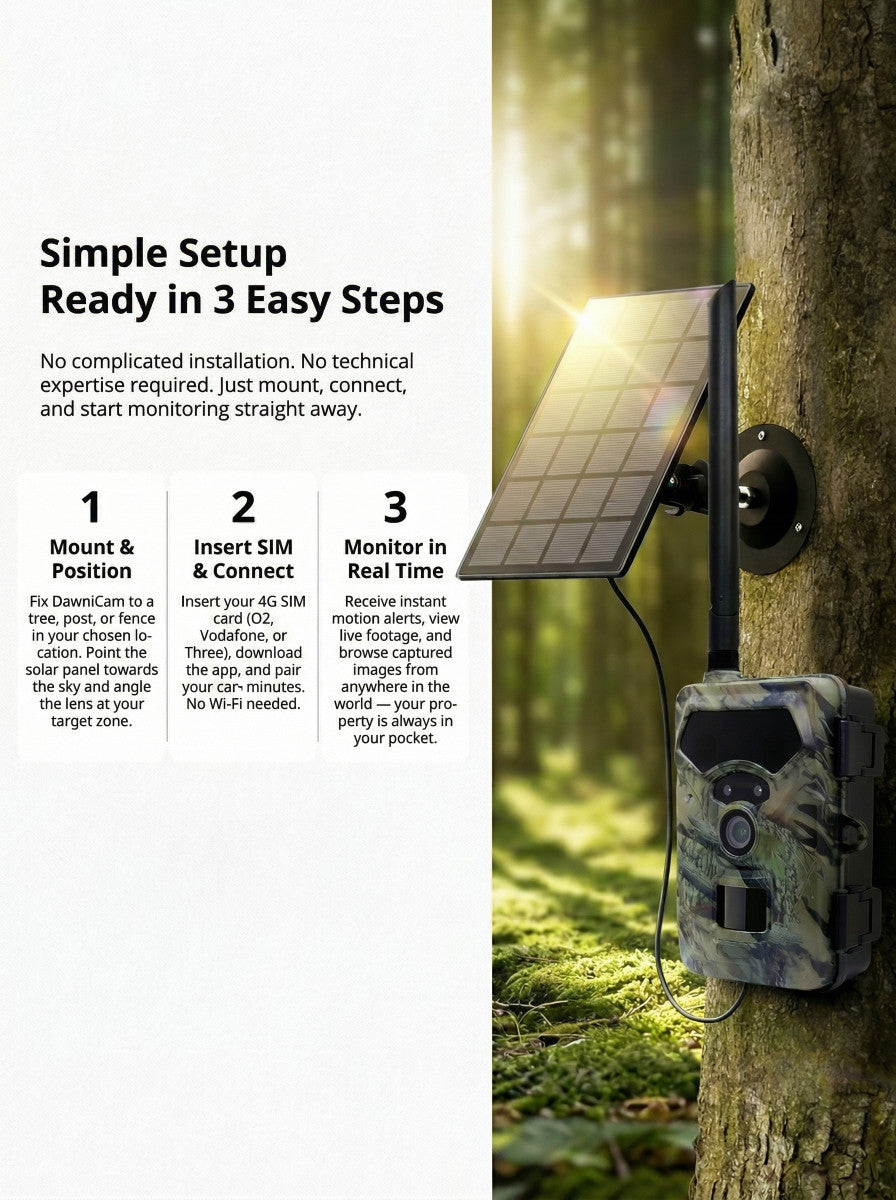Solar-powered wildlife camera attached to a tree with setup instructions on a white background.