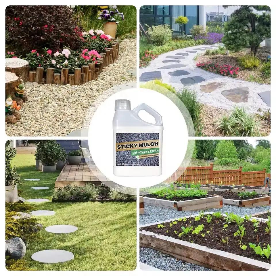 Collage of garden scenes with a bottle labeled 'Sticky Mulch' in the center.