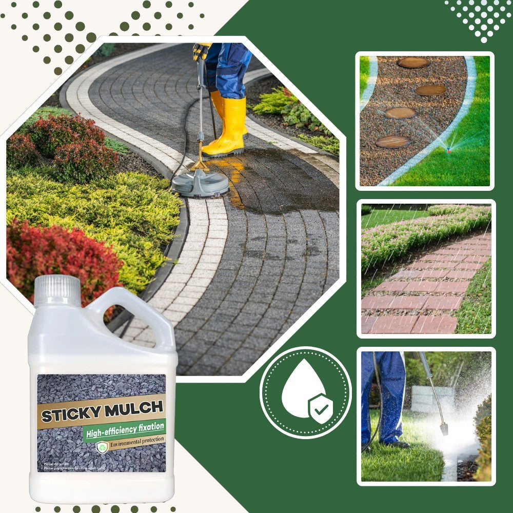 Collage of images showing gardening activities with a bottle labeled 'Sticky Mulch' on a green background.