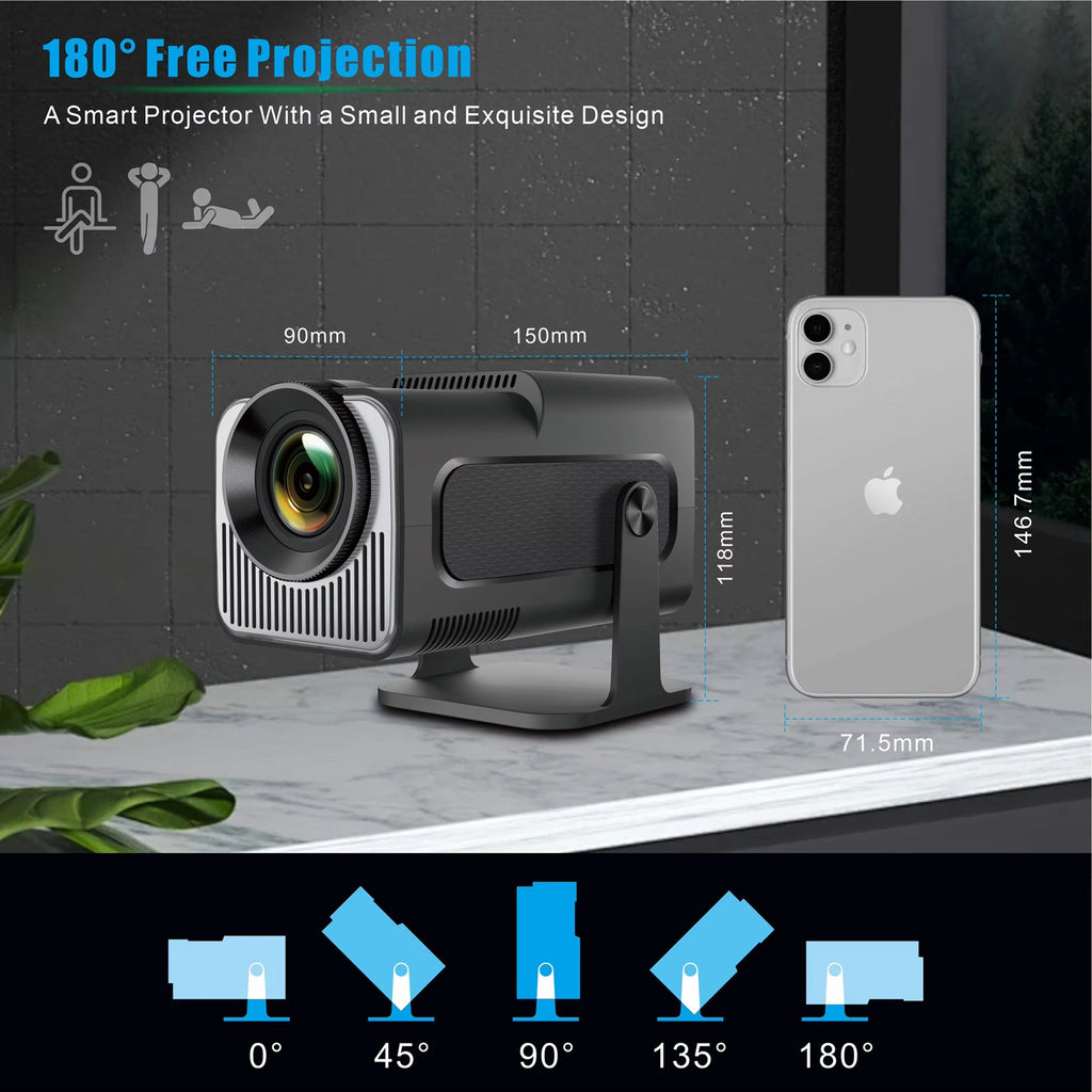 Smart projector with dimensions compared to a phone, on a dark background
