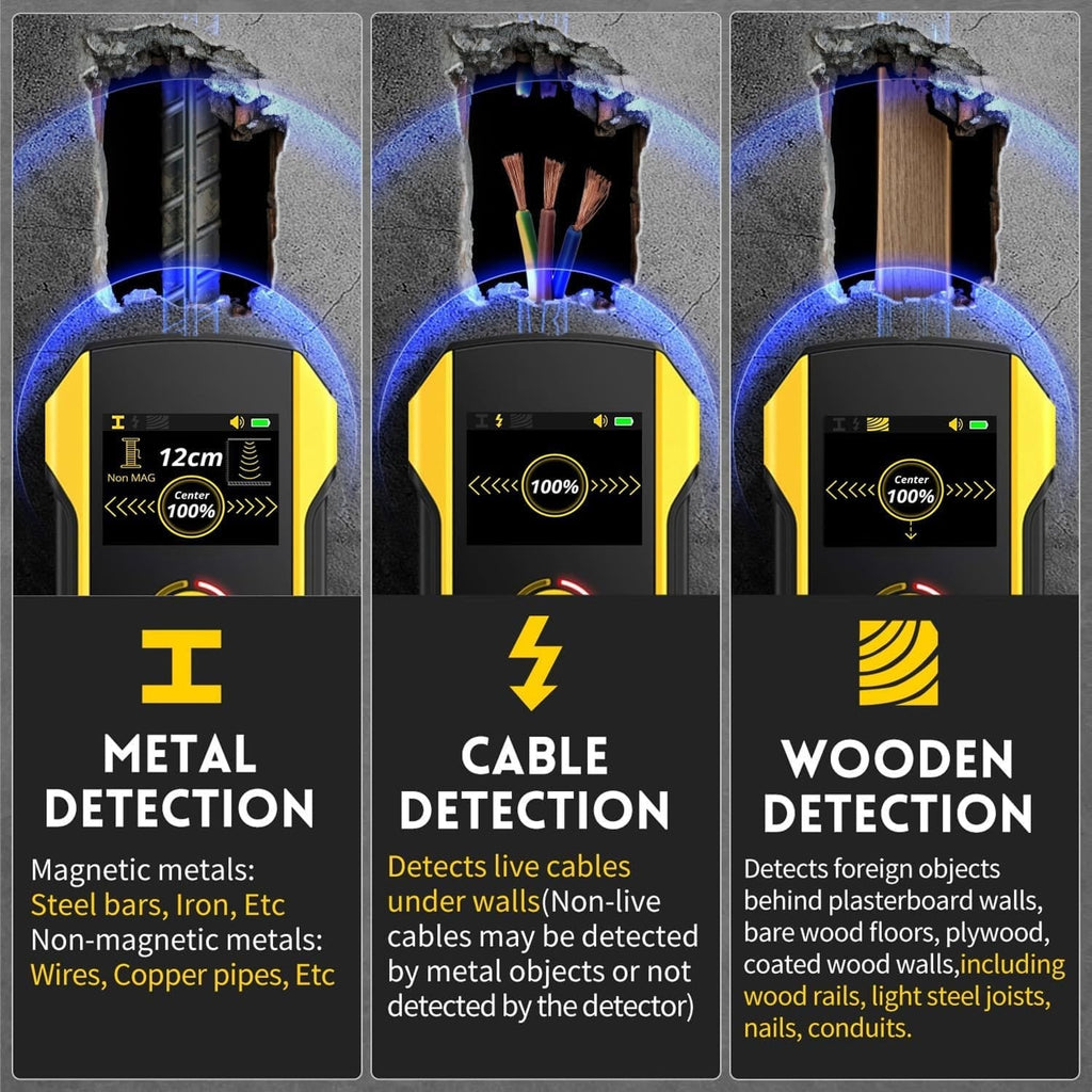 Three views of a metal detector with text on metal, cable, and wooden detection.