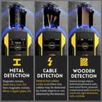 Three views of a metal detector with text on metal, cable, and wooden detection.