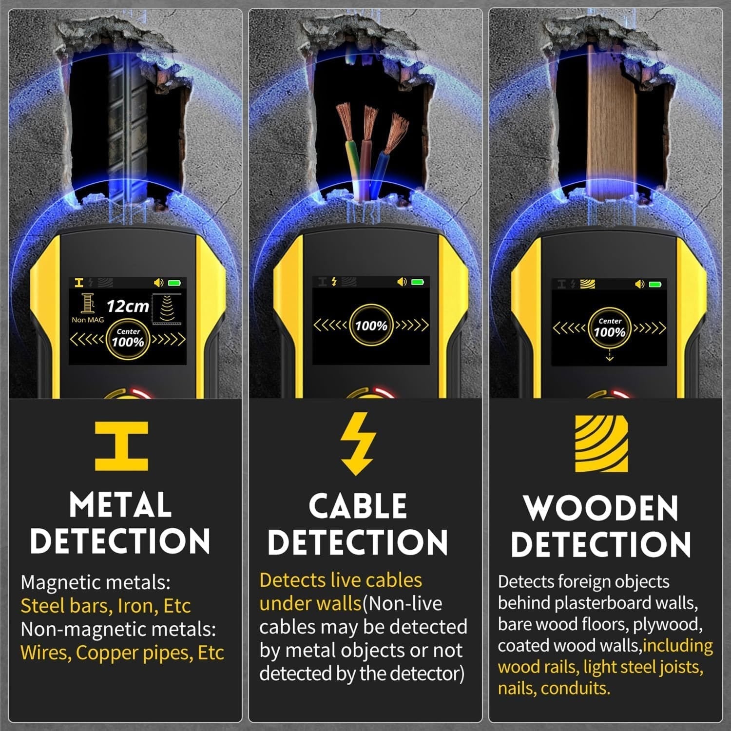 Three views of a metal detector with text on metal, cable, and wooden detection.