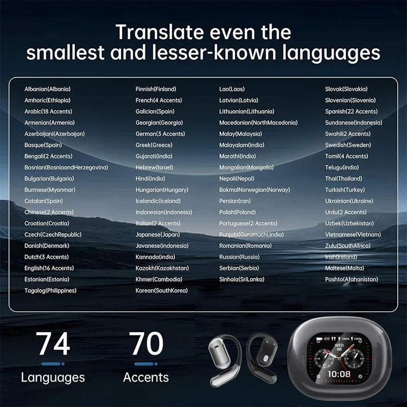 List of languages and accents with a device interface on a dark background