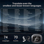 List of languages and accents with a device interface on a dark background