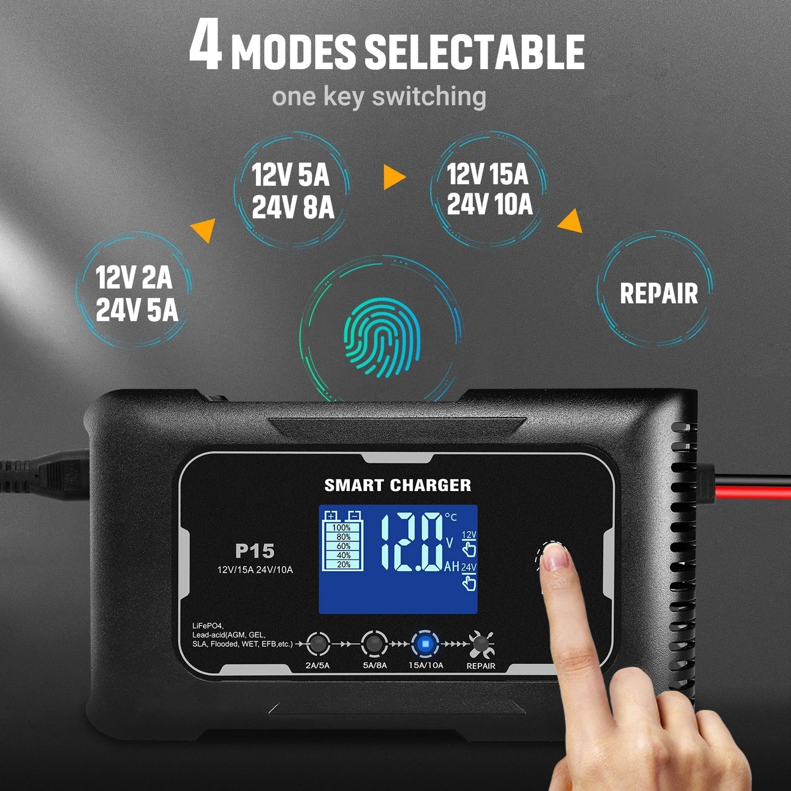 Smart charger with digital display and selectable modes on a dark background