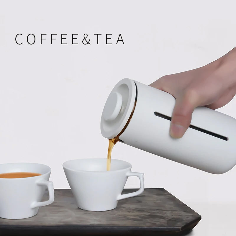 White thermos pouring coffee into a white cup with text 'COFFEE & TEA' on a light gray background.