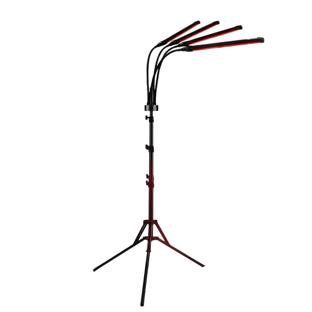 Black and red adjustable stand with multiple arms on a white background