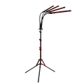 Black and red adjustable stand with multiple arms on a white background