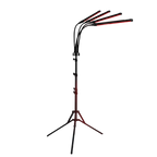Black and red adjustable stand with multiple arms on a white background