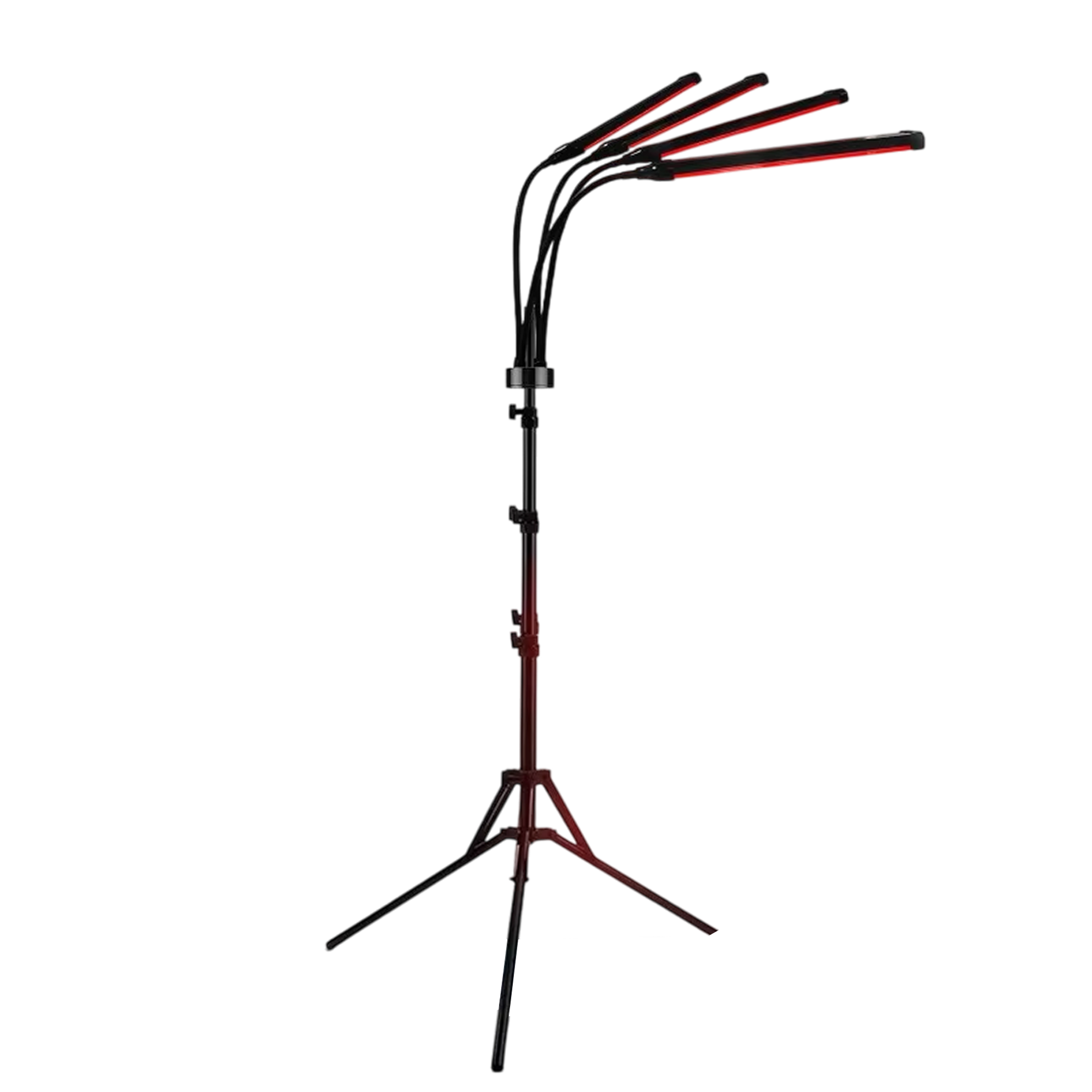Black and red adjustable stand with multiple arms on a white background