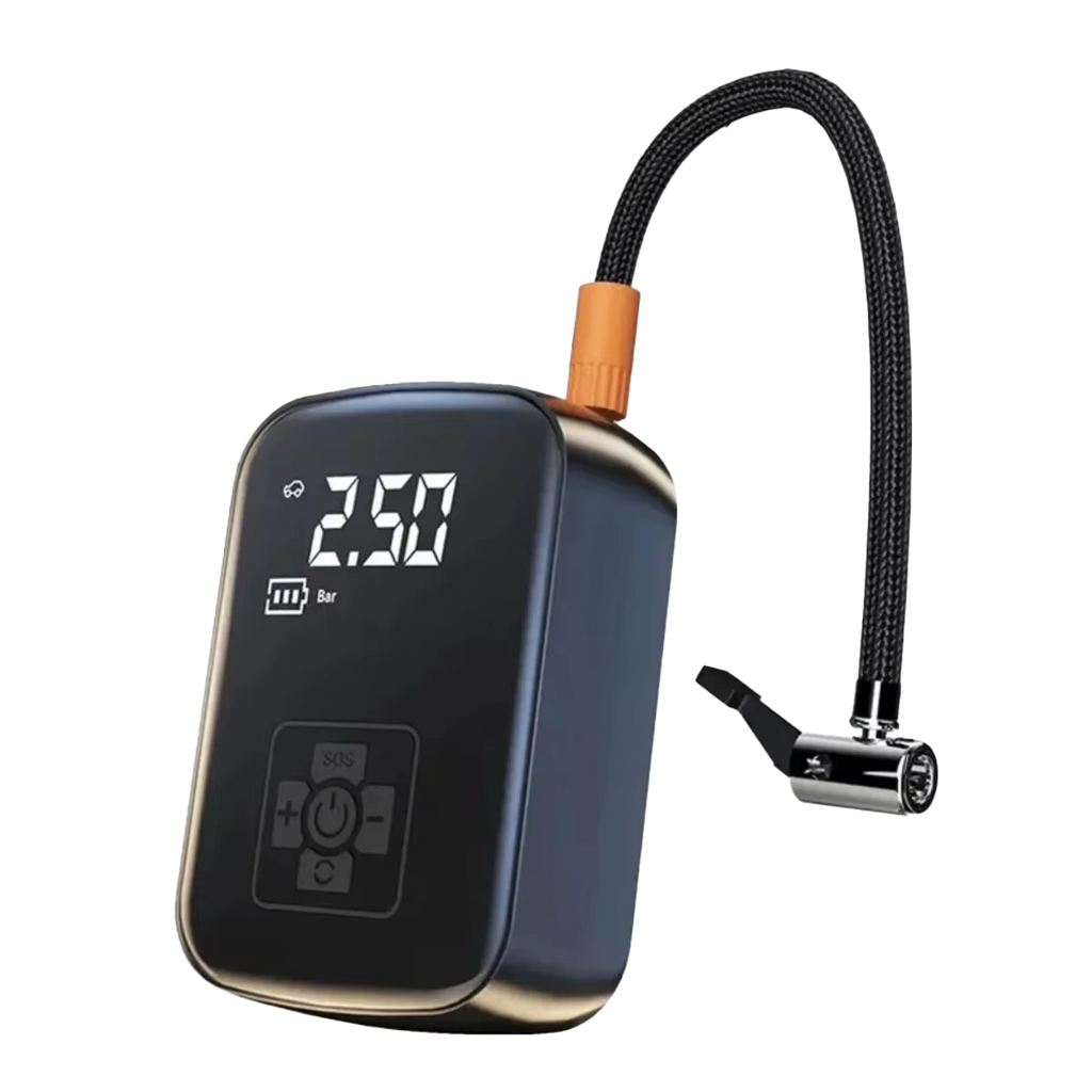 Black air compressor with digital display and hose on a white background