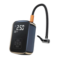 Black air compressor with digital display and hose on a white background