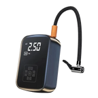 Black air compressor with digital display and hose on a white background