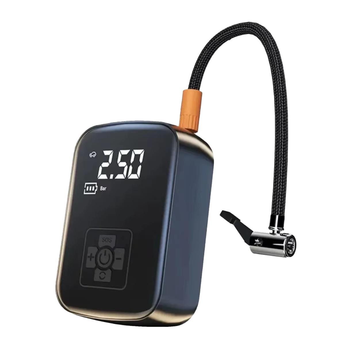 Black air compressor with digital display and hose on a white background