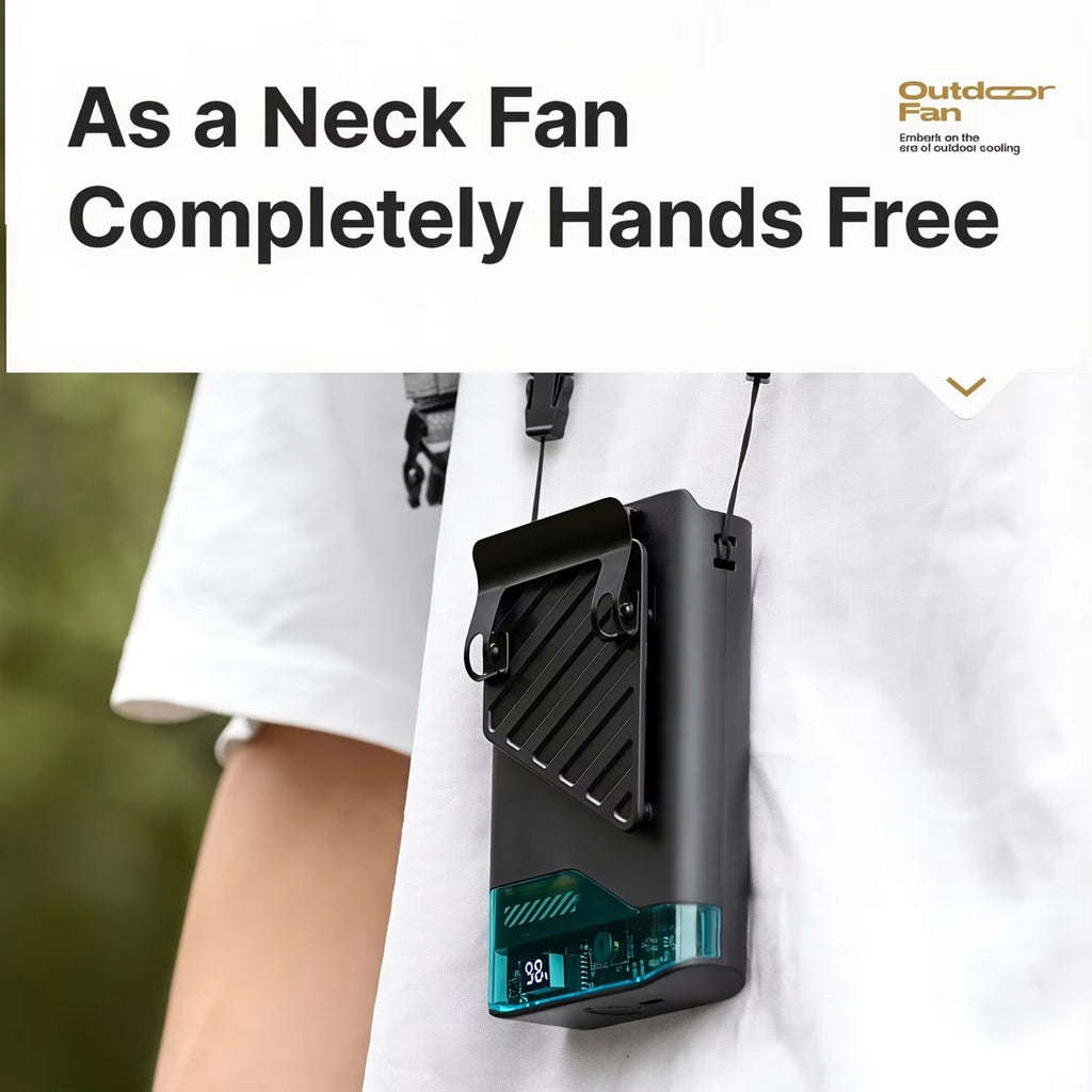 Neck fan worn by a person with text indicating its use as a neck fan and being hands-free.