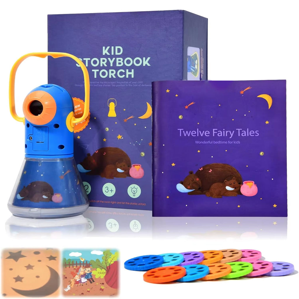 Storybook torch with colorful discs and a purple box labeled 'Kid Storybook Torch' on a white background.