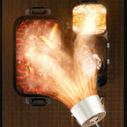 Hair dryer with a glowing light bulb design on a brown grid background